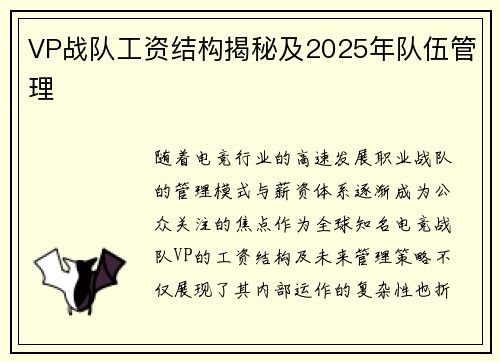 VP战队工资结构揭秘及2025年队伍管理