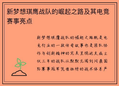 新梦想琪鹰战队的崛起之路及其电竞赛事亮点