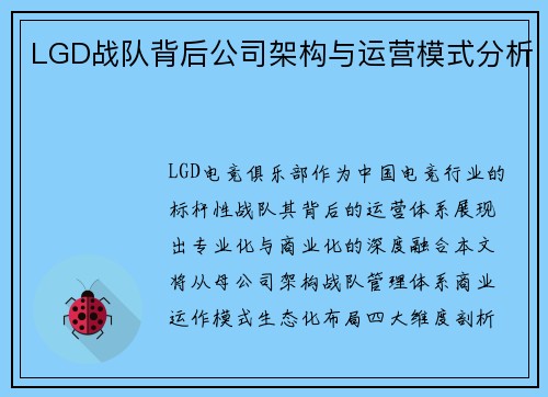 LGD战队背后公司架构与运营模式分析